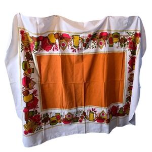 Vtg MCM Harvest fabric tablecloth Kitchn Clock Gold Orang Grn Oblong 70x52 Oblng